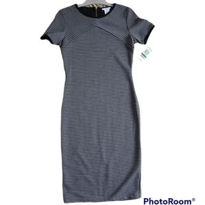 NWT BAR III Straight Narrow Pencil Midi Dress Sleeves Gray/Black Stripes Zipper